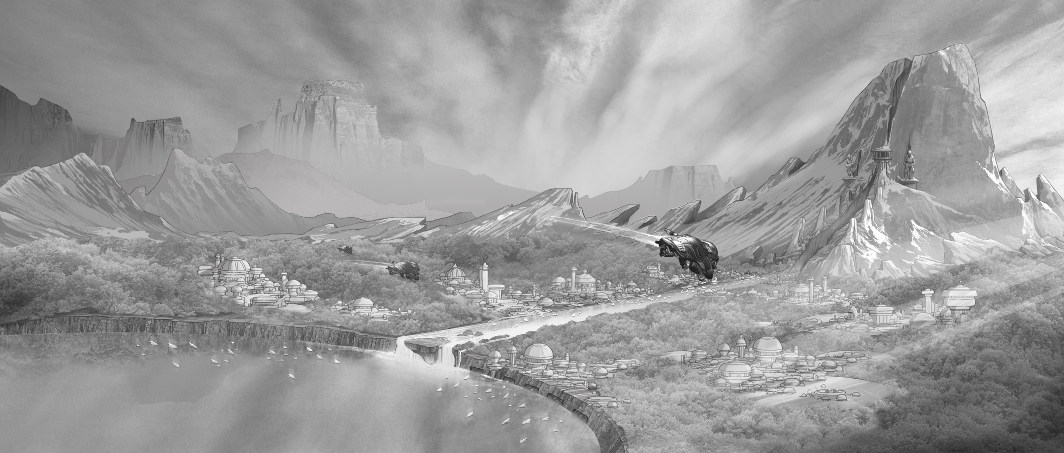A bird's eye view of the Vadam Keep and adjoining harbour, plus city. From John's perspective. (Picture is concept art from the Halo Wikipedia, rights belong to the creators)